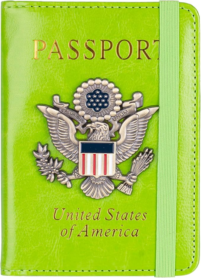 TOURSUIT RFID Blocking Passport Holder for Women Men, Leather Passport Travel Wallet with 3D Metal Badge, Travel Document Holder Cover Accessories (Green)