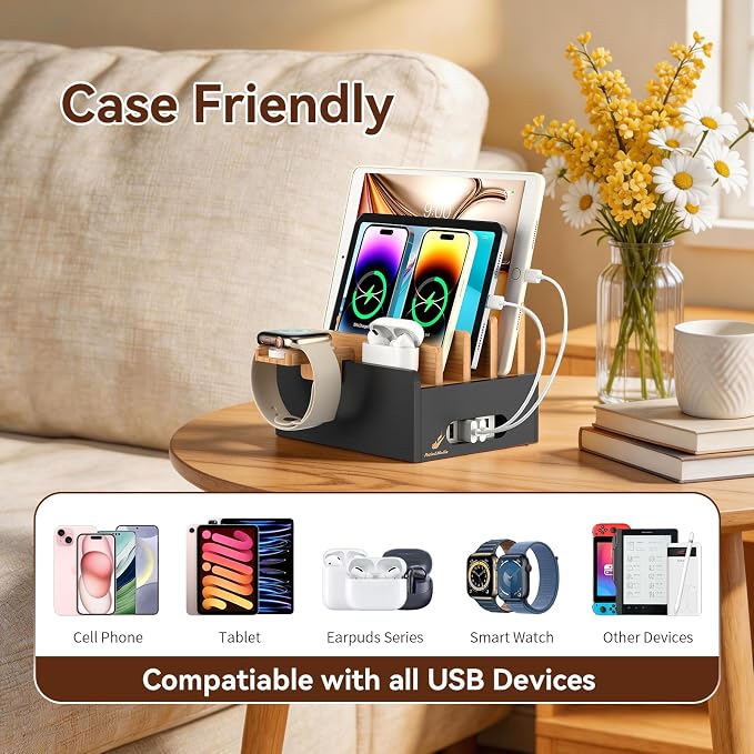 Pezin & Hulin Bamboo Charging Station for Multiple Devices with 5 Port USB Charger,5Cables,Smart Watch&Earbuds Stand, Desk Docking Stations Electronic Organizer for Cell Phone,Tablet (Natural + Black)