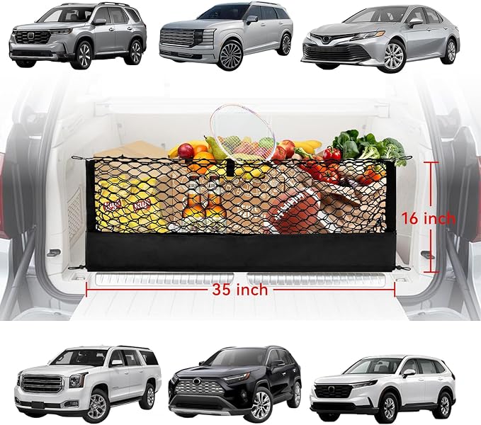 Universal Envelope Cargo Net for SUV Trunk Car, High Elastic with Bottom Storage Organizer & Hooks 35.4" x 15.7"
