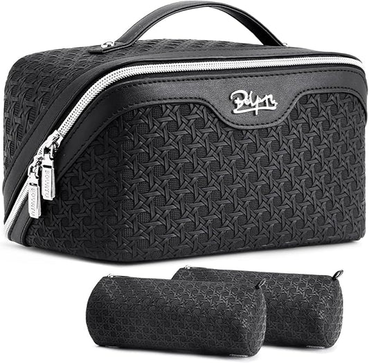 BOYATU Travel Makeup Bag Cosmetic Bags for Women: Large Capacity 3 Pcs Set Make up Bag with Compartments - Waterproof Vegan Leather Toiletry Organizer Bags with Handle (M-71Black)