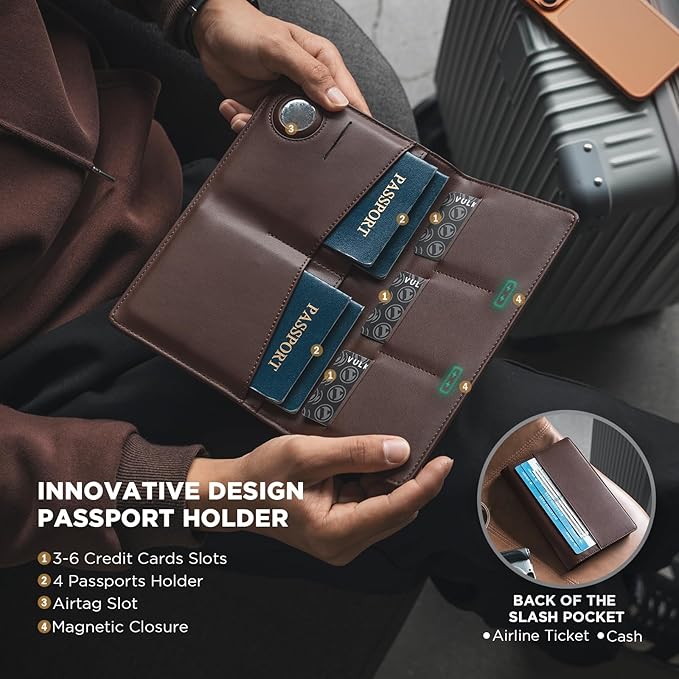 VULKIT Family Passport Holder for 4 Leather Passport Wallet with Airtag Slot Multiple Passport Holder RFID Blocking Bifold Travel Documents Organizer