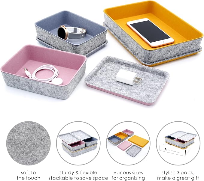 Welaxy 3pc Stackable Lidded Felt Desk Drawer Organizer Multi-Color Bins
