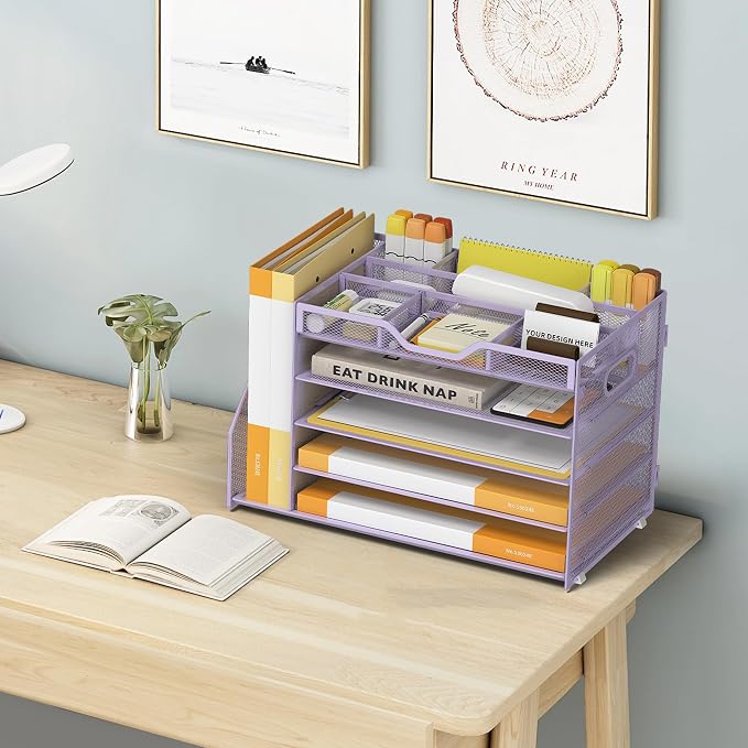 5 Tier Paper Letter Tray with File Holder and 3 Drop-in Pen Holders, Mesh Desk File Organizer with Handle, Desk Organizers and Accessories for School,Home, Office Supplies Storage-Purple