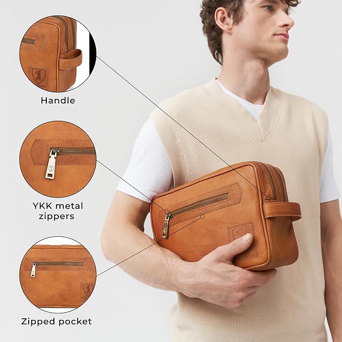 BERLINER BAGS Vintage Genuine Leather Toiletry Bag Paul, Two Zippered Compartments, Large Capacity Cosmetics Bag for Men and Women for Travel - Brown (2 Compartments)