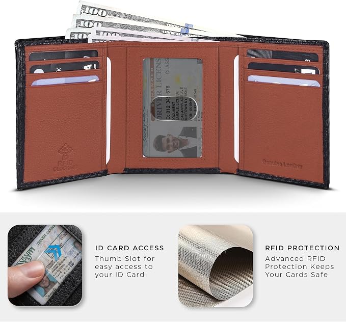 Tri fold Leather Wallet for Men with RFID | Slim Wallets for Men with 1 ID and 6 Credit card slots | Front Pocket Minimalist