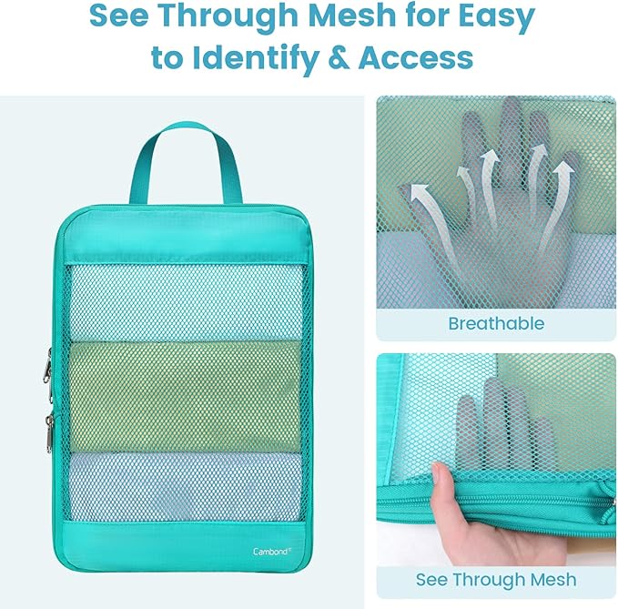 Cambond See Through Mesh Compression Packing Cubes for Travel Women - 4 Set Compression Cubes for Travel, Lightweight Expandable Packing Organizers for Luggage Suitcases, Tourist Landscape