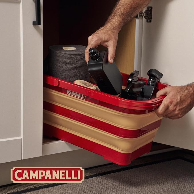 CAMPANELLI Collapsible Multi Purpose basket with Handles - Waterproof Storage Container, Space-Saving Foldable Sturdy basket for Clothes, Toys, Gardening & more | 20L Red/Gold
