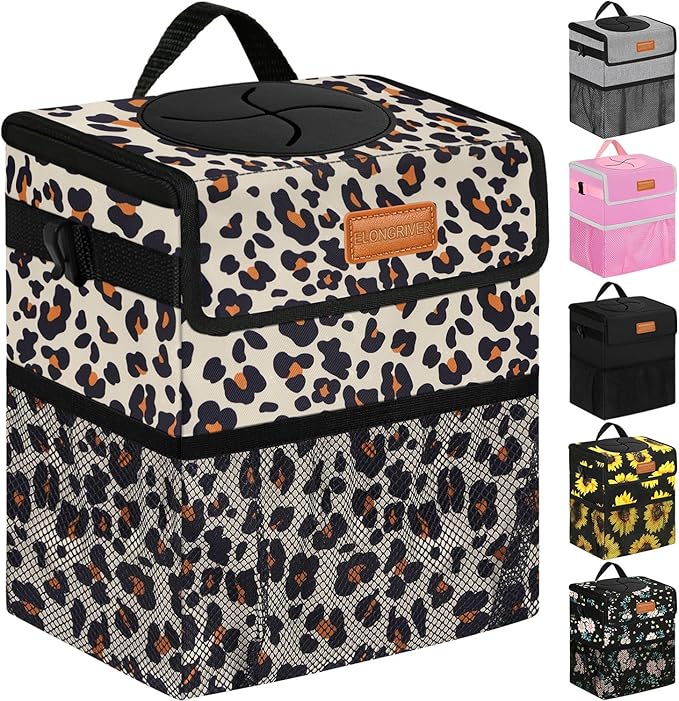 ELONGRIVER Car Trash Can Bin for Back Seat Leak Proof, Cute Car Trash Bag Hanging, Vehicle Trash Can for SUV Truck Van, Automotive Garbage Cans Front Seat Leopard Print