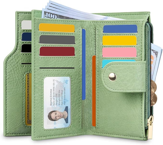 Airkit Small Women's Bifold Wallet, RFID Blocking Credit Card Holder with Zipper, Travel Cute Coin Pocket Wallet for Ladies, Green