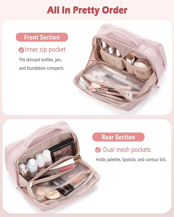 Marscamd Travel Makeup Bag for Women, Puffy Cosmetics Organizer with Waterproof Pockets, Toiletry Pouch for Makeup Brushes, Skincare & Travel Essentials, Pink (Bag Only)