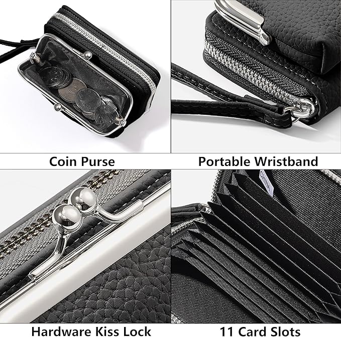 Women's Pebble Leather Wristlet Wallet, 2-in-1 Zip-Around Credit Card Holder with Kiss Lock Coin Purse, Cute Change Purse with Secure Clasp & Card Slots (Charcoal Black, Small)