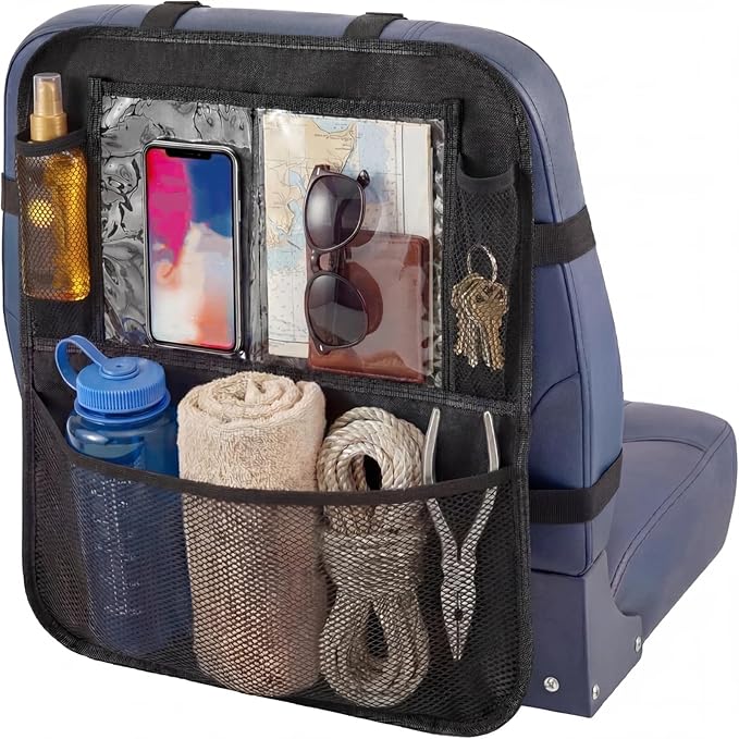 Boat Seat Organizer, Waterproof Marine Storage Bag with Mesh Pockets, Large Capacity Backseat Storage for Boat Accessories, Fishing Gear, Tools