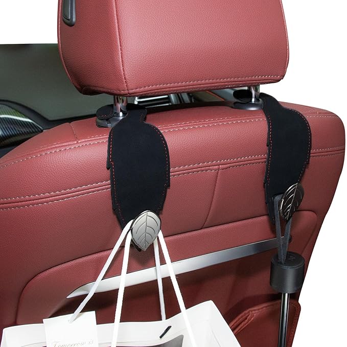 Leaf Heavy Duty Leather Car Headrest Hooks, Black 1-Pack, Universal Easy Install for Purses/Bags/Backpacks