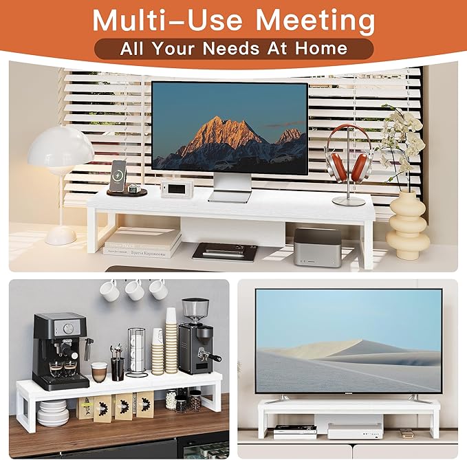 Dual Monitor Stand Riser, Large Computer Monitor Stand for 2 Monitors, Multi-Purpose Desk Organizers and Accessories, Wood and Steel Desk Shelf for Computer, Laptop, Printer, TV, White