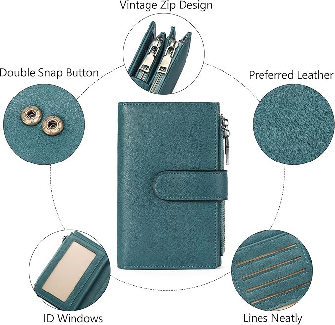GOIACII Womens Wallets RFID Blocking Leather Trifold Clutch Wallet Credit Card Holder Ladies Purse 3 ID Windows Teal
