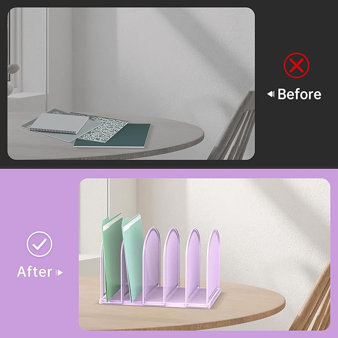 SUPEASY File Organizer 5-Section Mesh Desk Organizer, Upright File Organizer Desktop Organizer File Sorter, File Folder Holder for Office Supplies, Purple