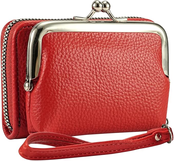 Women's RFID Blocking Wristlet Wallet - 2-in-1 Zip-Around with Coin Purse & Card Slots - Vegan Leather with Secure Clasp (Gift Ready)(Red)