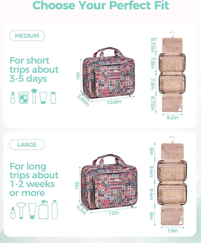 BALULHG Travel Hanging Toiletry Bag for Women,Makeup Bag Cosmetic Organizer Waterproof with Hanging Hook Multiple Pockets for Women Travel Essentials Bohemia
