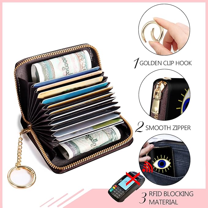 Blusabaca RFID Credit Card Holder Wallets for Women, Small Evil Eye Card Case Wallet with Removable Keychain and Zipper, Leather Card Holder Pocket Business Card Accordion Wallet