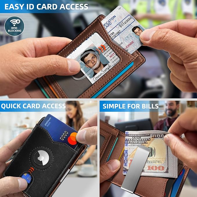 miyozi Airtag Wallet for Men,with Money Clip 11 Cards Slim Front Pocket Leather RFID Blocking Wallet with Gift Box