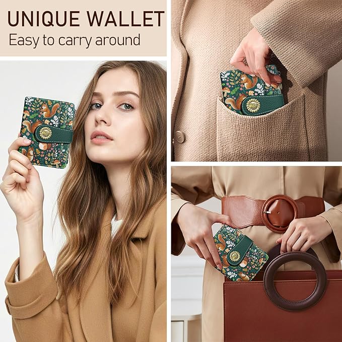 Kelvoris Cute Squirrels Small Rfid Women Wallet Bifold Zipper Coin Pocket PU Leather Compact Cash Credit Card Holder Travel Wallet for Female Ladies Teen Girls 1 ID Window 10 Card Slots