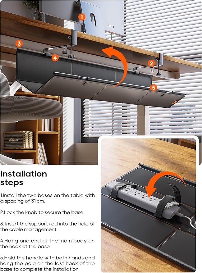 Under Desk Cable Management Tray No Drill, Cable Ties Included, Eco-Friendly Canvas Material, Mesh Design for Heat Dissipation, Cable Organizer/Storage for Standing Desk(39inch, Black)