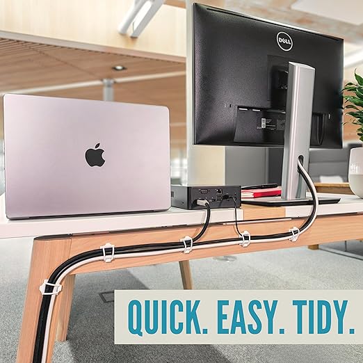 [Made in the UK] 10-Pack Adjustable Elastic Adhesive Cable Clips, Wire Management Holder, Cord Organizer for Home Office, Under Desk, Behind TV, Phone Charger, Laptop, PC, HDMI, USB (White)