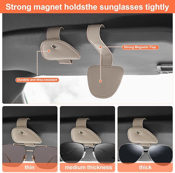 2 Packs Sunglasses Holders for Car Visor - Magnetic Leather Sunglasses Holder and Ticket Card Clip