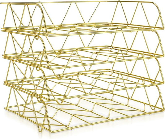 Yeaqee 4 Tier Stackable Gold Desk Organizer Paper Tray Rack Metal Letter Desk File Organizer Horizontal Holder File Trays for Office Desktop Supplies and Accessories