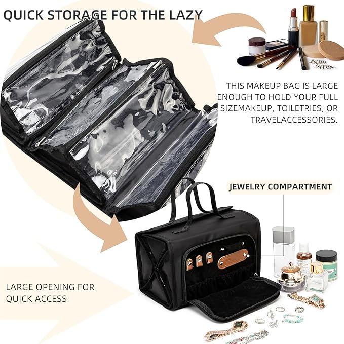 ROYALFAIR Roll Up Makeup Bag, Waterproof Toiletry Bag for Women, Hanging Travel Organizer bags with Jewelry Organizer Compartment, Extra Large 4 Clear TSA Approved Pouches Cosmetic Makeup (black)