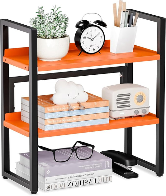 Brakki Desk Shelf Organizer, Adjustable 2 Tier Metal Desktop Shelves, Desktop Bookshelf Organization with Foot Mat, Multi-Functional Small Storage Rack for Office Dorm Home, Black and Orange