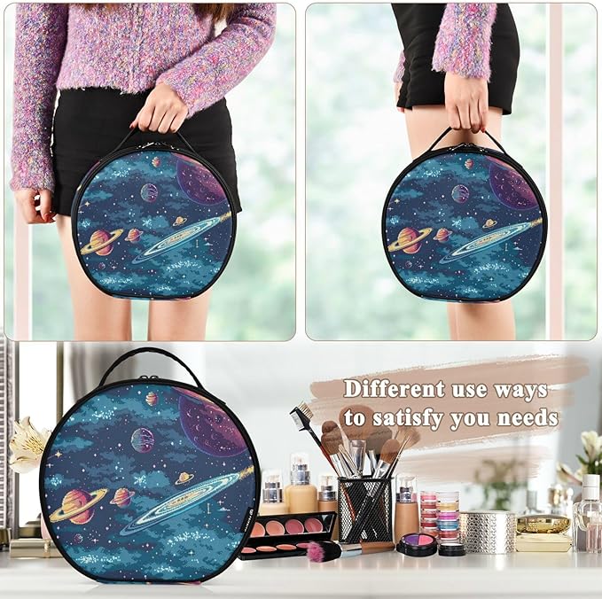 senya Round Cosmetic Pouch Travel Makeup Train Case Starry Sky Planet Makeup Organizer Bag with Adjustable Dividers Portable for Cosmetics Makeup Brushes Toiletry Jewelry Accessories