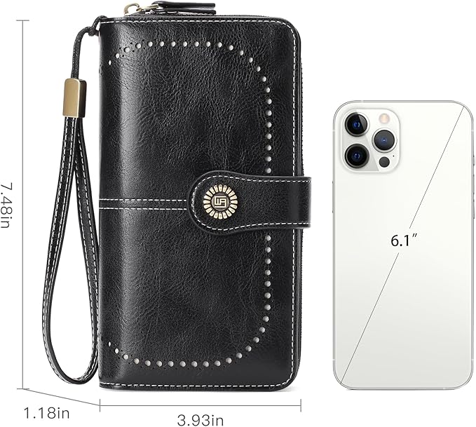 RNIEGA Womens Wallet Leather Billfold RFID Blocking Credit Card Holder Wristlet Wallets for Women Ladies Purses with Zipper Coin Pocket