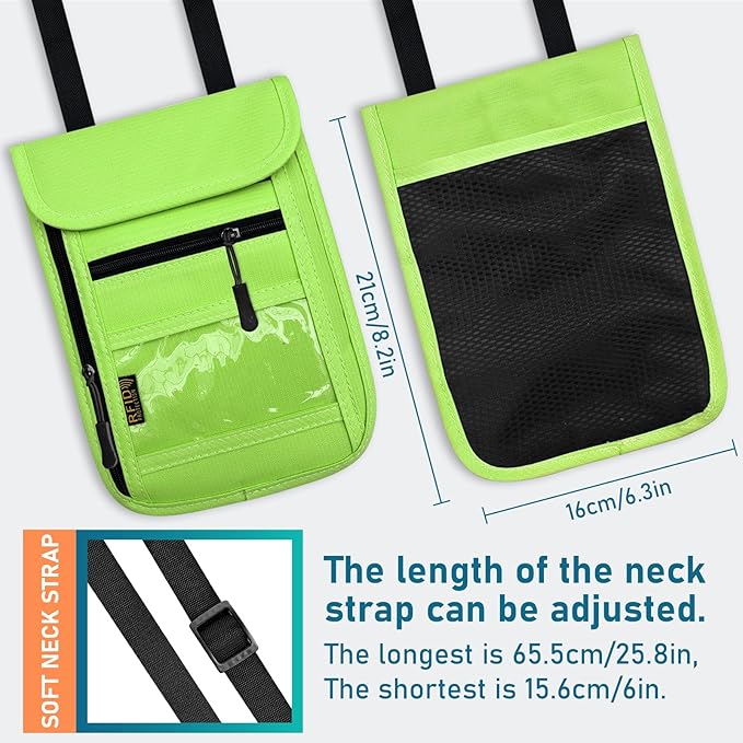 Travel Neck Wallet & RFID Blocking Sleeves for Men and Women, Neck Money Pouch Anti Theft Travel Document Organizer with Adjustable Strap - Green