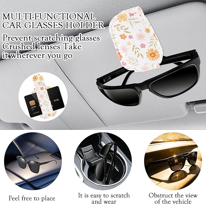 HemerVows Sunglass Holder for Car, Vibrant Floral Print Magnetic Leather Visor Sunglasses Holder Clip, Universal Sun Visor Accessory Eyeglass Clip for SUV Pickup Truck