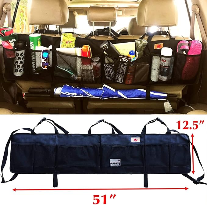 P&F HIGH QUALITY PRODUCTS SUV Trunk Organizer by P&F, Extra Large Collapsible Cargo Net Backseat Storage with Umbrella Holder Hanging for Compact Crossovers to Mid-size SUVs, CRV (black w/h - XL)