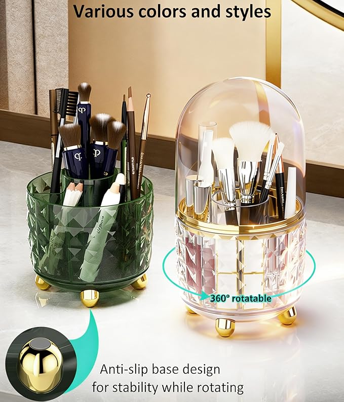 360° Rotating Pencil Holder for Desk, Makeup Brush Holder with 6 Slots, Desk Organizer for Writing Utensil, Office and School Supplies (Clear with cover)