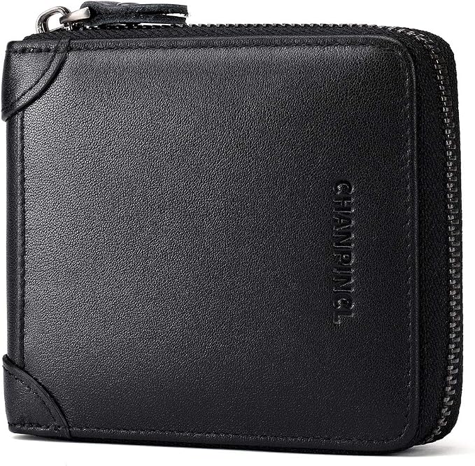 Mens Genuine Leather Zipper Wallet RFID Secure Large Capacity Double Fold Multi-card Leather Wallets for Men and coin purse