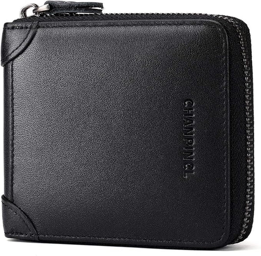 Mens Genuine Leather Zipper Wallet RFID Secure Large Capacity Double Fold Multi-card Leather Wallets for Men and coin purse