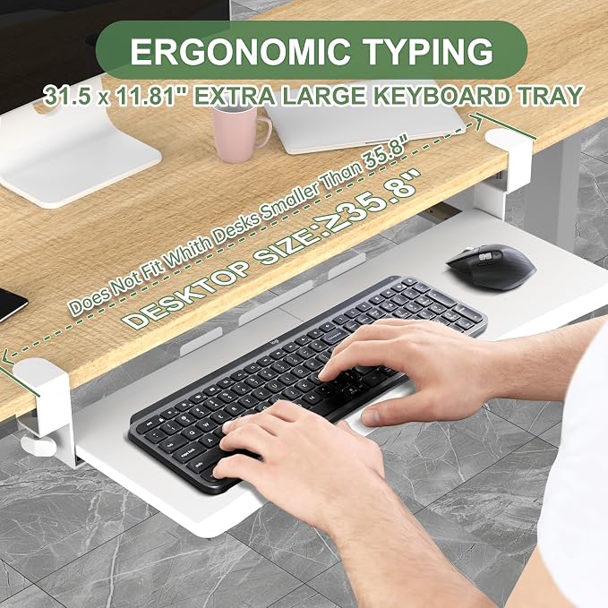 UPGRAVITY Extra Large Keyboard Tray Under Desk - Slide Out with Sturdy C-Clip Mount System, 31.5" (35.8" Including Clamps) x 11.8" Put-Out Keyboard Tray Computer Drawer for Ergonomic Typing, White