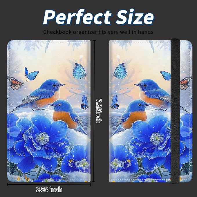 Check Book Cover for Personal Checkbook with Duplicate Checks for Women's & Men PU Leather Wallets Check Book Holder with Pen Card Slots Elastic Strap,Cute Blue Bird