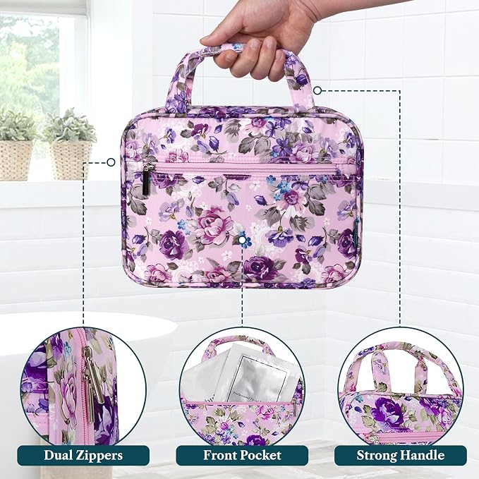 PAVILIA Hanging Toiletry Bag for Women, Large Foldable Travel Toiletry Organizer with Hook, Water Resistant Makeup & Cosmetic Case for Toiletries Skincare Shampoo, Dopp Kit Travel Bag (Purple Floral)