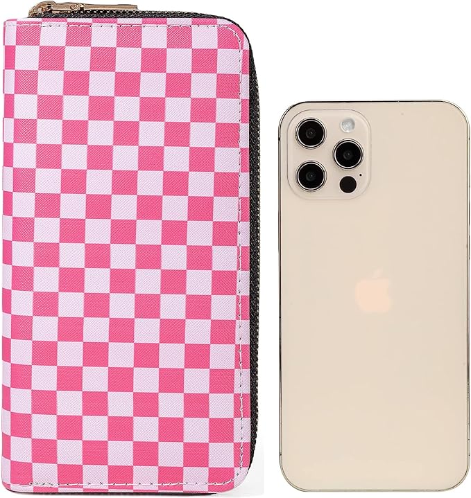 Checkered Wallets for Women Cute Large Capacity Pink Female Plaid Purse 2 Zippers Credit Card Holder