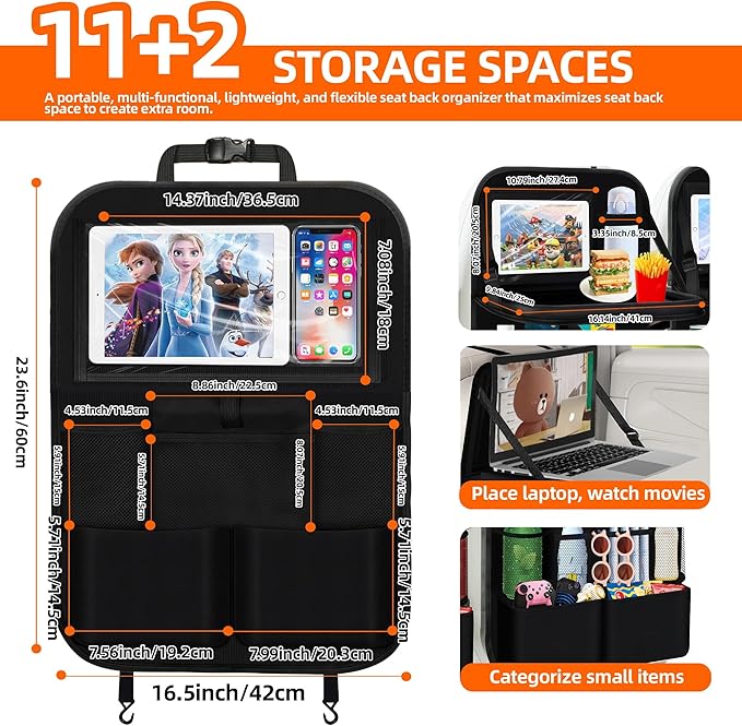 2PCS Backseat Car Organizer with Foldable Tray-11+2 Pockets Car Organizer and Storage,Car Seat Back Protector Road Trip Essentials Storage Caddy/Stuff for Cars/Truck/SUV Christmas Gifts