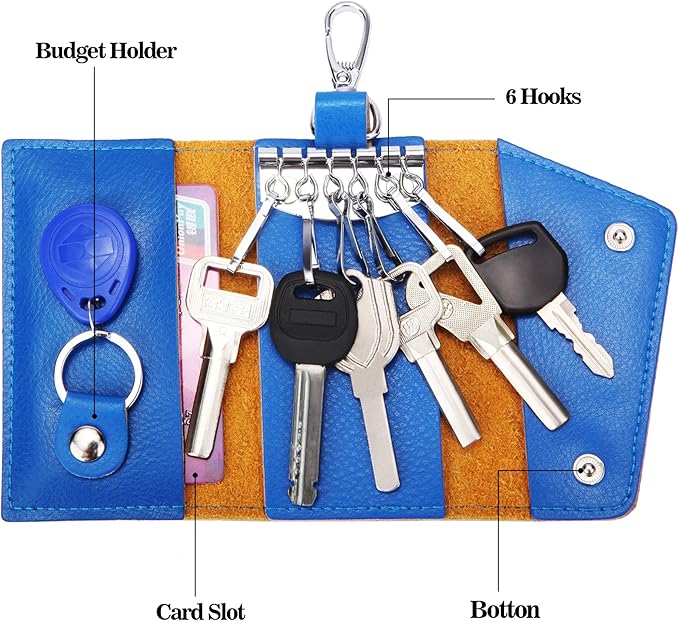 BAKUN Compact Leather Car Key Case, Key Holder Key Organizer Wallet, With 6 Hooks(Blue)