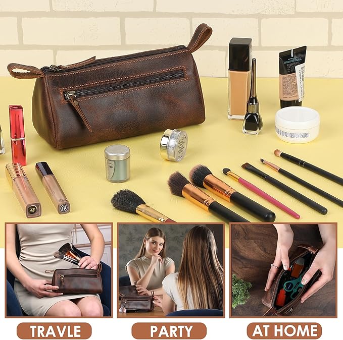 Leather Makeup Bag for Women – Genuine Leather Cosmetic Bag Travel, Handmade Zippered Makeup Pouch, Small Toiletry Bag, Shaving Kit & Stationery Organizer- Brown
