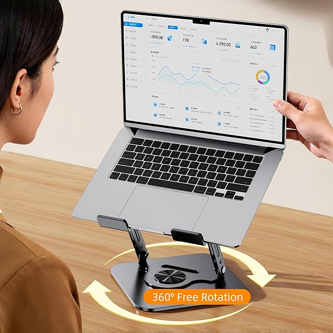 Laptop Stand for Desk, Adjustable Metal Foldable Laptop Riser with 360° Rotation & Football Vent Pattern, Ergonomic Computer Notebook Holder for MacBook Air Pro, Dell XPS, HP 10-17.3", Silver