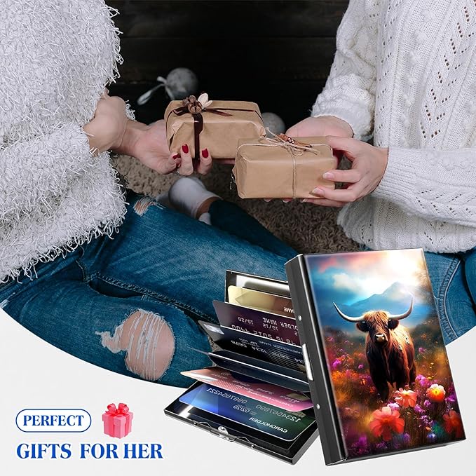 RFID Blocking Credit Card Holder - Slim Metal Wallet for Women & Men,Cow in Colorful Flower Design Stainless Steel Business Card Case,Compact Pocket Organizer for Travel & Daily Use