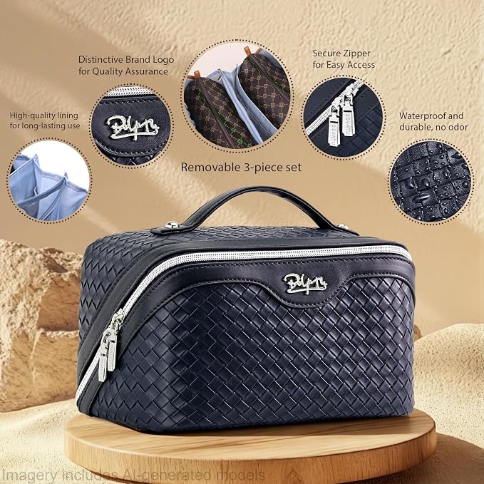 BOYATU Travel Makeup Bag Cosmetic Bags for Women: Large Capacity 3 Pcs Set Make up Bag with Compartments - Waterproof Vegan Leather Toiletry Organizer Bags with Handle (L40 Blue)