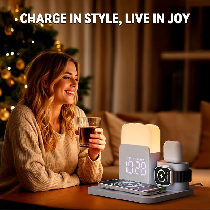 7 in 1 Wireless Charging Station, Magnetic 25W Fast Charger with Alarm Clock & Night Light, Bedside Charging Stand for iPhone 17 16 15 14 13 12 Pro Max, Apple Watch, AirPods, Bedroom